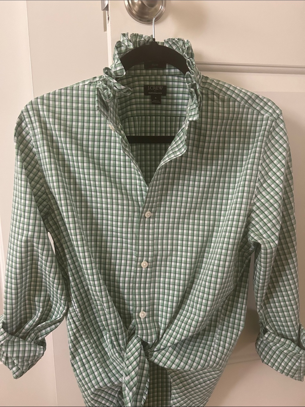J. Crew Green, White and Navy Plaid recreated Shirt with ruffled collar